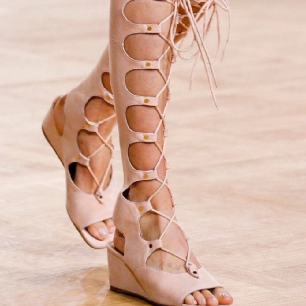 Chloé 2015 Runway Tall Gladiator Suede Wedges - Cream/Tan - 41 1/2